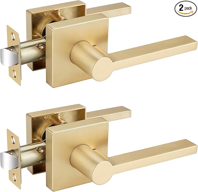 EHOMEWARE 2 Pcs Door Knobs Interior, Passage Door Handle Gold, Modern Closet Door Knobs in Satin Brass Finish, Keyless Door Levers Heavy Duty Door Handle Set, Sleek Door Hardware & Locks