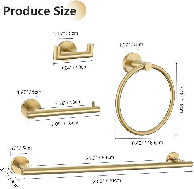 TNOMS 5-Piece Towel Bar Set Brushed Gold Bathroom Hardware Accessories Set Include 23.6in Towel Bar Toilet Paper Holder Towel Ring Upgraded Towel Hooks Towel Holder Set Stainless Steel Wall Mounted