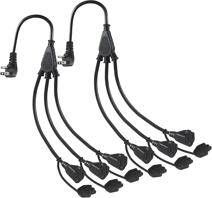 KUNCAN Outdoor 3-Outlet Power Splitter, 90-Degree Flat Plug 1 to 3 Way Outlet Adapter 1.5FT SJTW 16AWG 3-Prong Power Cord Extension Strip with Outlet Cover for Holiday Decoration String Light(2-Pack)
