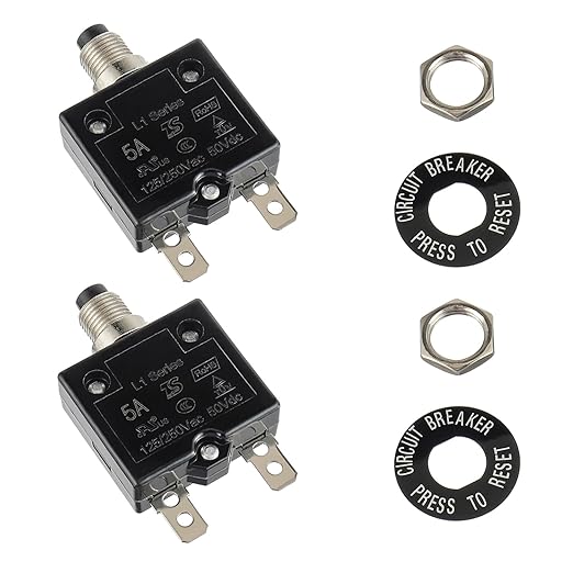 HUWREW 5 Amp Push Button Circuit Breaker 125-250V AC 50V DC L1 Series Manual Reset Thermal Circuit Breaker 5A Thermal Overload Protector (Pack of 2)