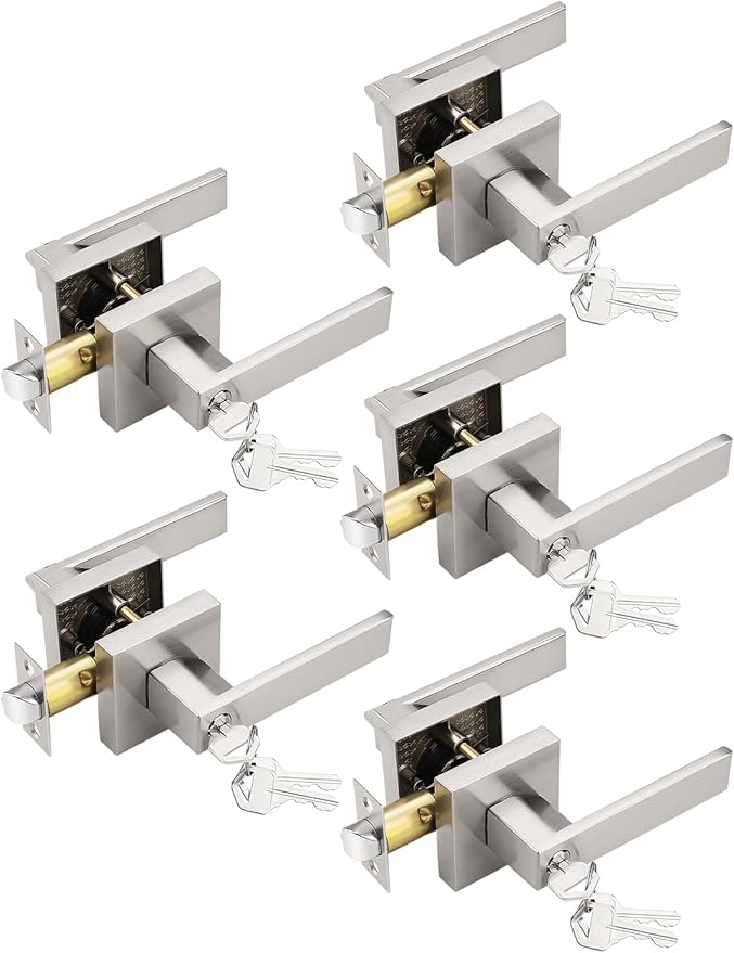 5 Pack Entry Door Levers with Lock and Key, Brushed Nickel Keyed Alike Lockset Combo Pack, Entrance Door Handles for Office and Front Door, Door Knobs Lockset (Each with 3 Keys)