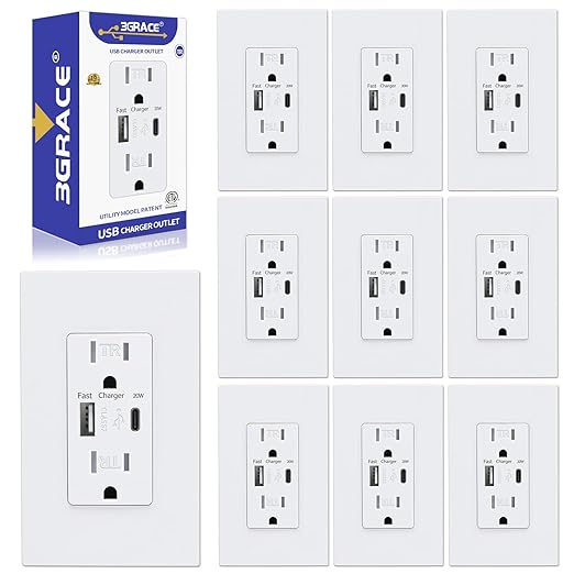 USB Wall Outlet, Charger Outlets Receptacles with 4.2A USB C Ports, 15 Amp Duplex Tamper Resistant Receptacle Plug with Electrical Outlet, Wall Plate Included, ETL Listed,White, 10 Pack