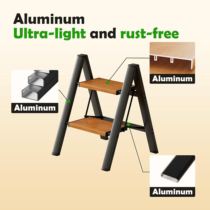 Taranta 2 Step Ladder,Aluminum Lightweight Folding 2 Step Stool with Anti-Slip Wide Pedal, 330lbs Capacity Step Ladder for Household,Kitchen,Office - BlackWoodgrain