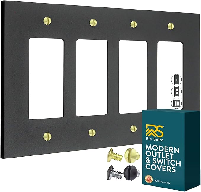 RIO SALTO Modern Metal Matte Black Quad Decorator Wall Outlet Cover Light Switch Cover Double Rocker Decora Electrical Decorator Wall Plate Electric Outlet Covers Black Receptacle - Midsize 4 Gang