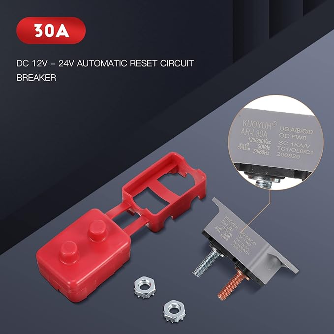 BBTO 4 Pieces DC 12V - 24V Automatic Reset Circuit Breaker Circuit Breaker with Cover Stud Bolt for Automotive and More (30 Amp)