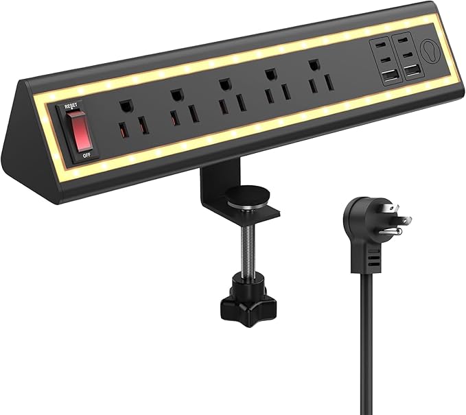 Desk Clamp Power Strip with Nightlight, 40W Fast Charging, 6FT Extension Cord, 4x20W USB-C & 2 USB Ports, 5 AC Outlets, Fits 1.69-Inch Table Edges