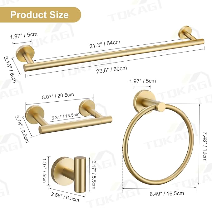 TQKAG 8-Pieces Bathroom Hardware Set Brushed Gold SUS304 Stainless Steel Bath Towel Bar Set 23.6 Inch Round Bathroom Accessories Kit Wall Mounted