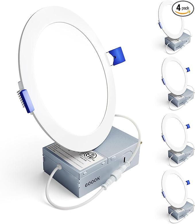 Ensenior 4 Pack 6 Inch LED Recessed Light, Dimmable, 6000K Clear White, 1200LM High Brightness, 12W 120V, Damp Rated, Ultra-Thin Canless Wafer Ceiling Light - ETL & FCC & IC