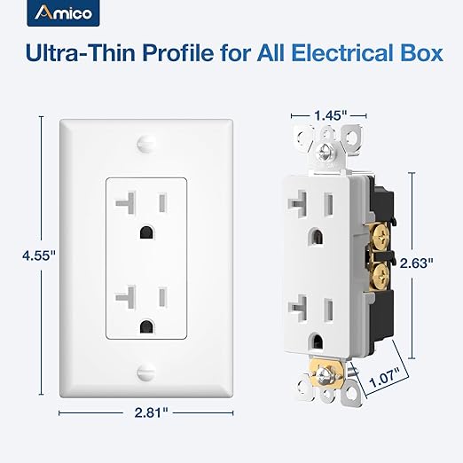 Amico 50 Pack Wall Outlet, 20 Amp Outlets, UL Listed, Tamper Resistant Standard Electrical Outlet, Decorator Receptacle with Wall Plate, Suitable for Home and Business, 125V/1875W, White