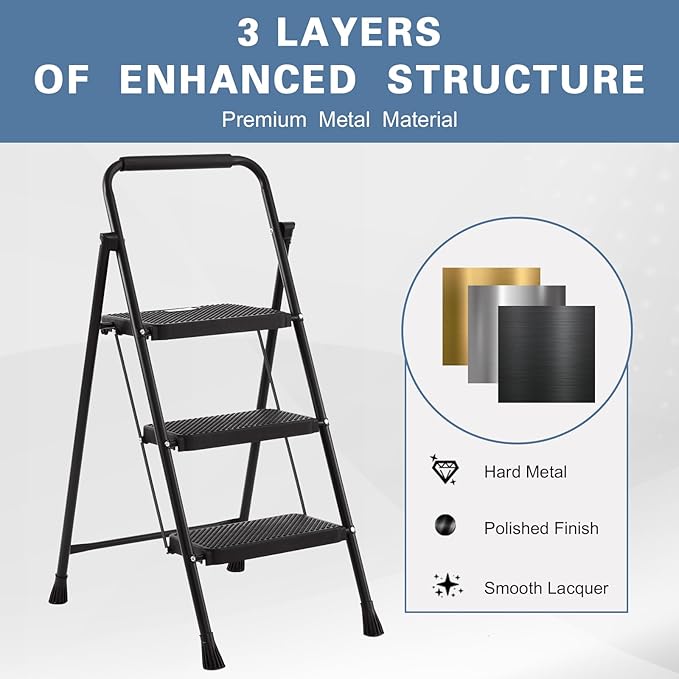 Nazhura Foldable 3 Step Stool Ladder, 300 Lb Weight Limit Folding 3 Stepping Ladder for Kitchen, with Wide Anti-Slip Pedal, Sturdy Steel Ladder, Convenient Handrail, Lightweight