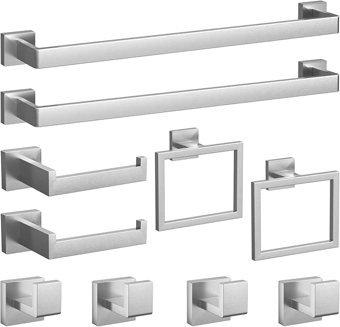 10-Pieces Brushed Nickel Bathroom Accessories Set, 23.6 Inch Bath Towel Bar Set, Stainless Steel Bathroom Hardware Set, Towel Racks for Bathroom Wall Mounted.