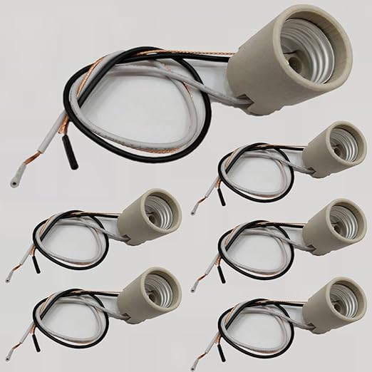 Diodesy- Medium Light Socket with Side Clip & Ground Wire 60W Max Lamp Holder Heat Resistance Replacement Ceramic E26 Bi-Pin Base for DIY Repairs or Upgrades Pack of 6