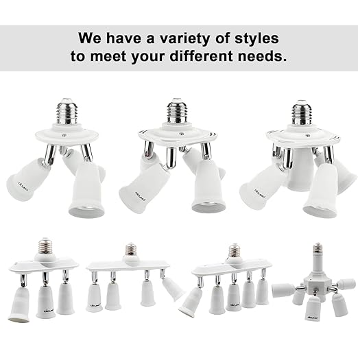 DiCUNO 4 in 1 E26 Light Socket Splitter Adapter, Standard Base LED Bulbs Converter, 360 Degrees Adjustable 180 Degree Bending, 4 Way Bulbs Socket Holder