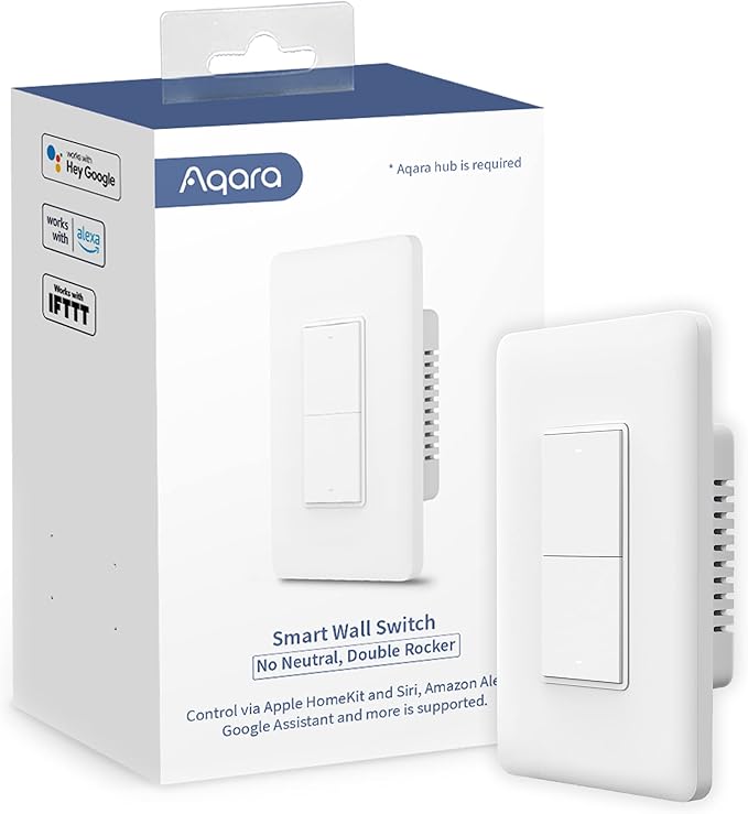 Aqara Smart Light Switch (No Neutral, Double Rocker), Requires AQARA HUB, Zigbee Light Switch, Remote Control and Smart Home Automation, Compatible with HomeKit, Google, Works with Alexa, SmartThings