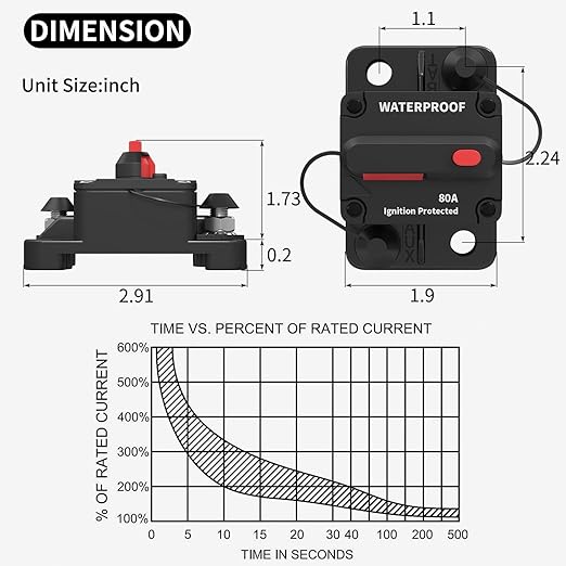 DaierTek 12V Circuit Breaker 80 Amp Marine 12 Volt Circuit Breaker 80A Waterproof for Boat Truck RV -2Pack