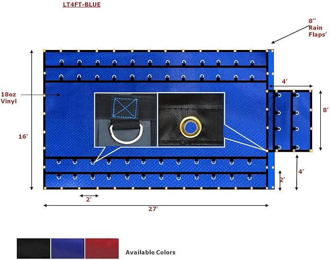 Mytee Products 16' x 27' Flatbed Truck 18 Oz Steel Tarp with 4 FT Drop & Flap - Blue Heavy Duty Vinyl Waterproof Tarp for Trailers to Protect Cargo from Wind, Rain, Snow and Sun