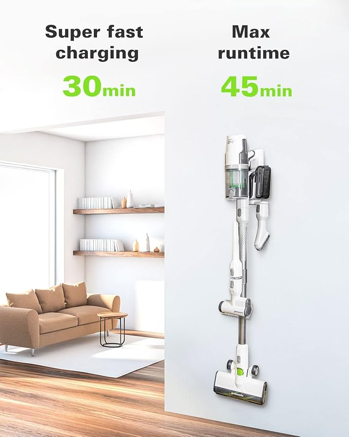 Greenworks 24V Deluxe Brushless (500W) Cordless Stick Vacuum, Ultra Lightweight, LED Lights, 4Ah USB-C Battery and 30-Minute Super Charger Included (White)