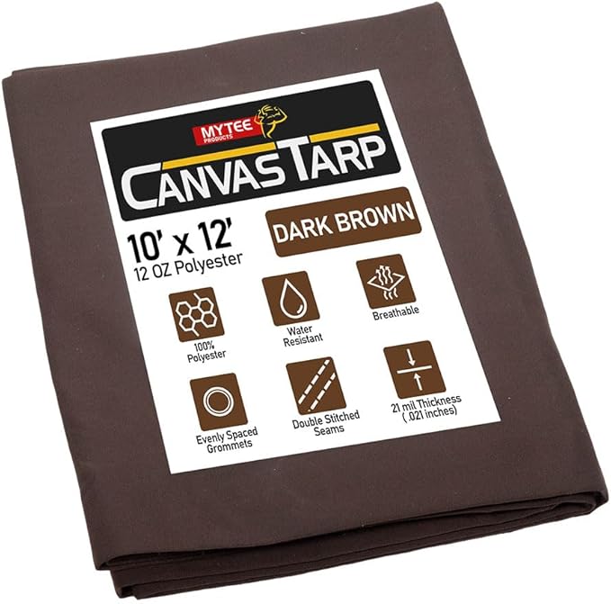 Mytee Products 10' x 12' Dark Brown Canvas Tarp 12oz - Water Resistant & Breathable - Heavy Duty Tarps - Multipurpose Tarpaulin Cover for Camping Tent
