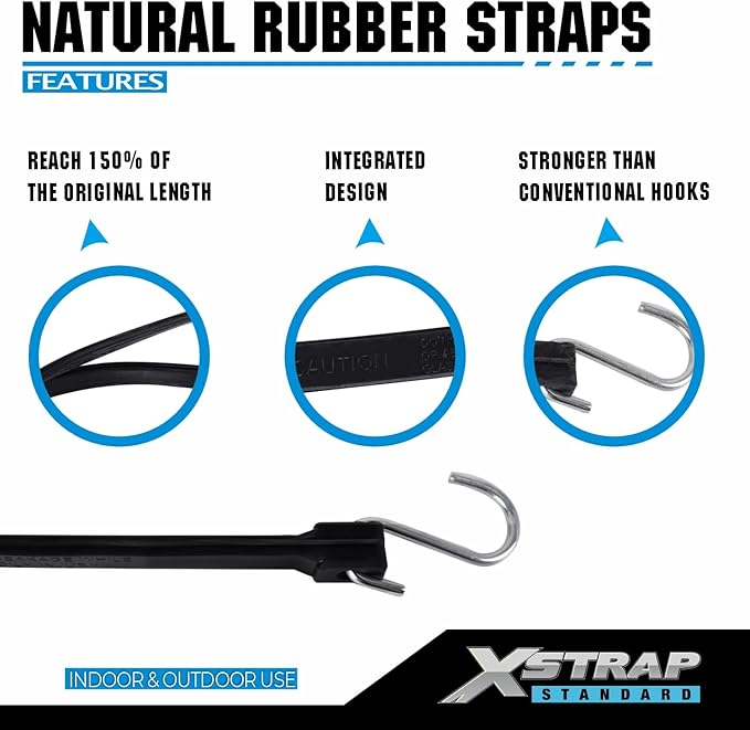 XSTRAP STANDARD Multiple Size Natural Rubber Tarp Bungee Straps Tie Down Cords with S Hooks Heavy Duty Ideal for Securing Tarps - 20 Pack