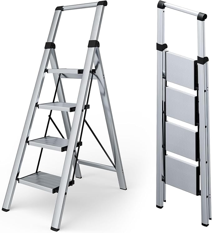 Taranta 4 Step Ladder, Portable Folding Ladder with Wide Pedal, Lightweight Aluminum Step Stool with Convenient Handgrip, 330 lbs Capacity Stepladder for Home, Office - Silver