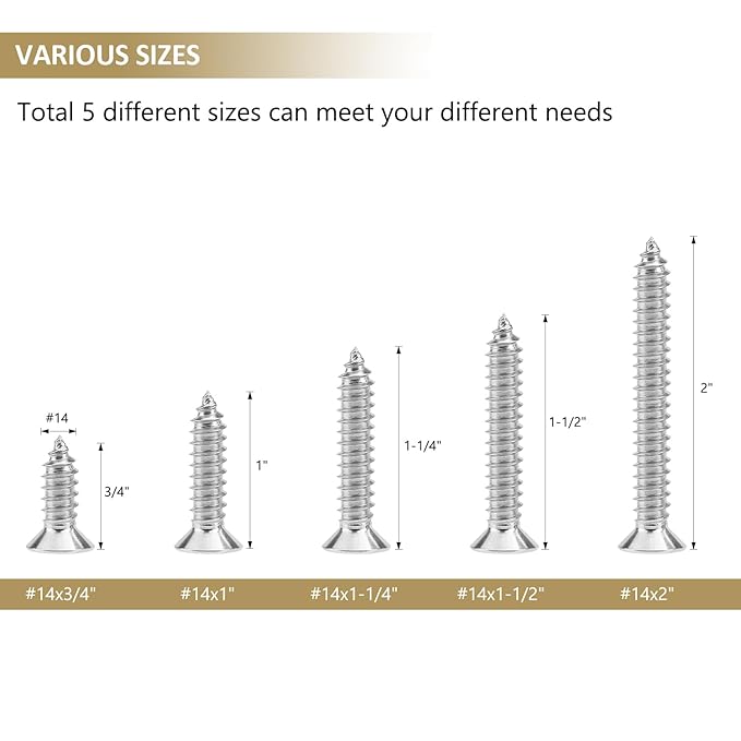 54 Pieces #14 x 3/4" 1" 1-1/4" 1-1/2" 2" Phillips Countersunk Head Self-Tapping Screws, Wood Screws Assortment Kit, 304 Stainless Steel