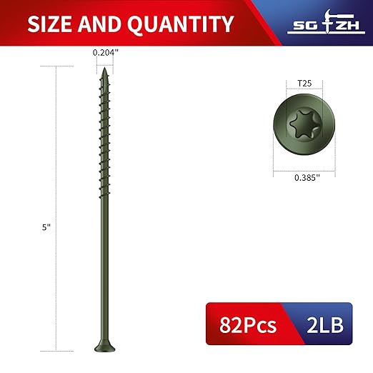 #10 x 5 Deck Screws (82Pcs) 2lb. Exterior Wood Screws. Carbon Steel, Green, Flat Head, Rust Resistant epoxy Coated, with T25 Star Bit