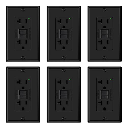 ELEGRP GFCI Outlet 20 Amp, Self-Test GFI Electrical Outlet with Narrow Design, GFCI Receptacle with LED Indicator, UL Listed, Black, Wall Plate Included, 6 Pack