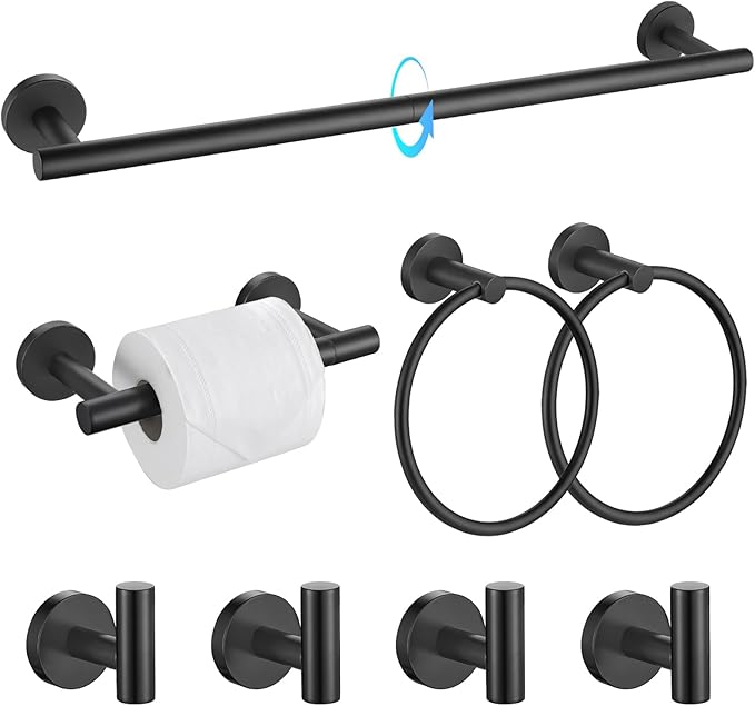 TQKAG 8-Pieces Bathroom Hardware Set Matte Black SUS304 Stainless Steel Bath Towel Bar Set 23.6 Inch Round Bathroom Accessories Kit Wall Mounted