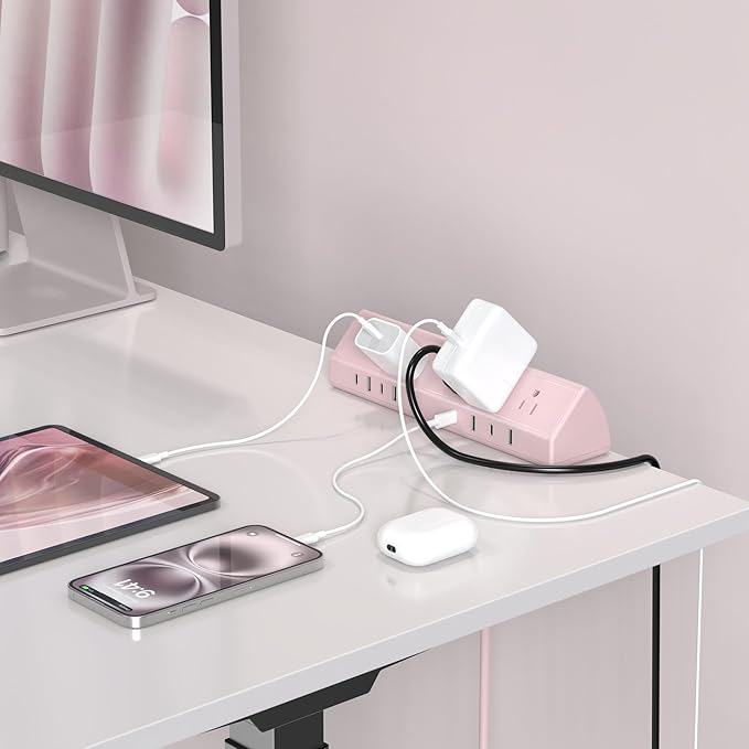 Jgstkcity Desk Clamp Power Strip, 45W Fast Charging Station,4 USB-C, 4 USB-A,1200J Surge Protector,ETL Listed,1875W Extension Cord,Multiple Outlets for Home, Office (Pink, 6 FT Cable)