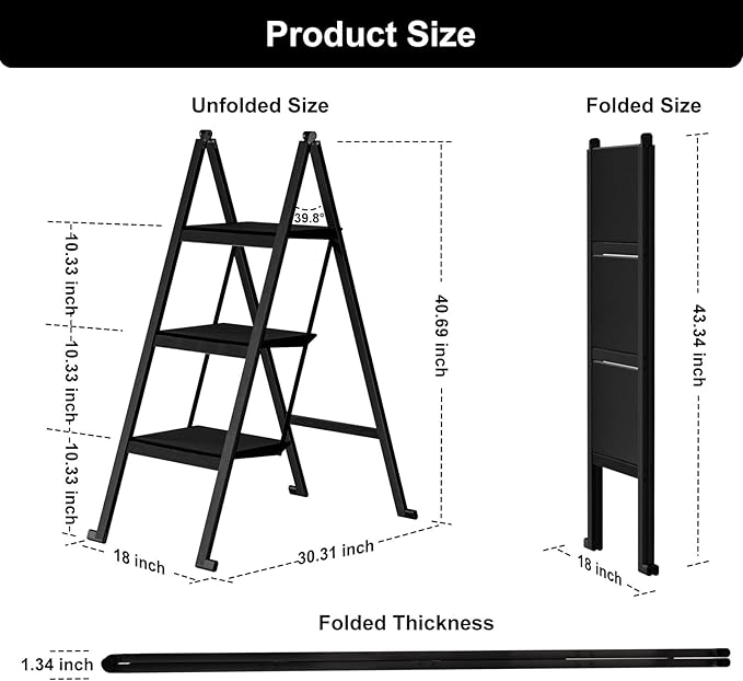 3 Step Ladder,Aluminum Ultra Thin Folding Step Stool,400 Lbs Capacity Heavy Duty with Anti-Slip Sturdy and Wide Tread,Closet Slim Step for Home,Kitchen and Office,Space Saving (Black, 3-Step)