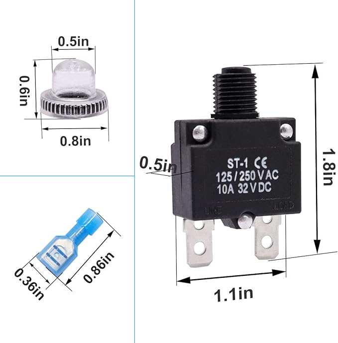 mxuteuk 5Pcs 10Amp Circuit Breakers Push Button Manual Reset 125/250V AC 32V DC,Overload Protector Switch Thermal Circuit Breakers with Quick Connect Terminals and Waterproof Button Caps ST1-5-10A