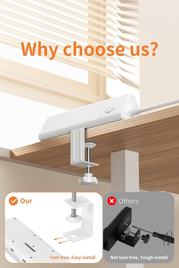 6.5 FT Desk Clamp Power Strip with 5 AC Outlets & 6 USB Ports PD 40W USB-C Fast Charging, 1250J Surge Protector, Fits 2.6 in top Edge White