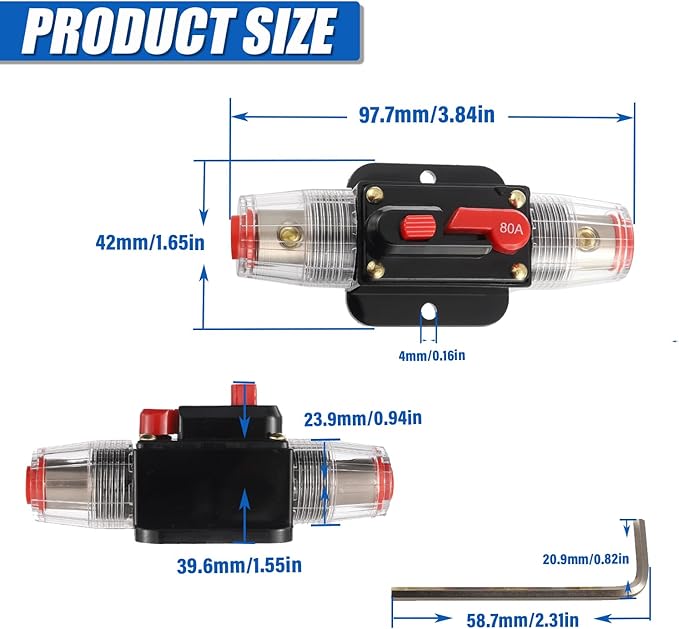 BOJACK 80A Audio Inline Circuit Breaker Reset Fuse Holder 12-24V DC Manual Reset Fuse Holder 3-15 AWG Overload Protection for Car Audio Sound Amplifier System RV Marine Boat Truck Solar Inverter