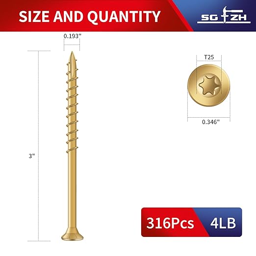 #9 x 3 Inch Deck Screws (316Pcs) 4lb. Exterior Wood Screws. Carbon Steel, Tan, Flat Head, Rust Resistant epoxy Coated, with T25 Star Bit