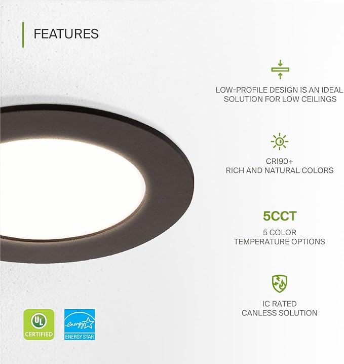 ASD 6 Pack LED Recessed Lighting 4 Inch 12W, 5 CCT 2700K-5000K CRI90+, IC Rated Ultra Thin Dimmable Ceiling Lights with J Box, Canless Wafer Downlight, Round Slim Panel Light, UL Listed, Bronze