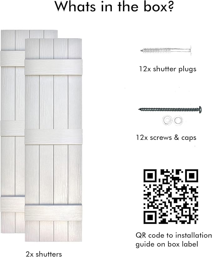 Board & Batten Vinyl Shutters (1 Pair) | 14.5"x81" (4-Board) - Dover White/Paintable | Exterior Window Shutters | Includes Mounting Hardware | Simple Installation | Made in USA
