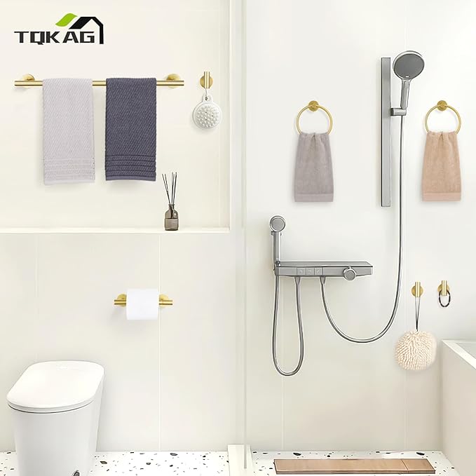 TQKAG 8-Pieces Bathroom Hardware Set Brushed Gold SUS304 Stainless Steel Bath Towel Bar Set 23.6 Inch Round Bathroom Accessories Kit Wall Mounted