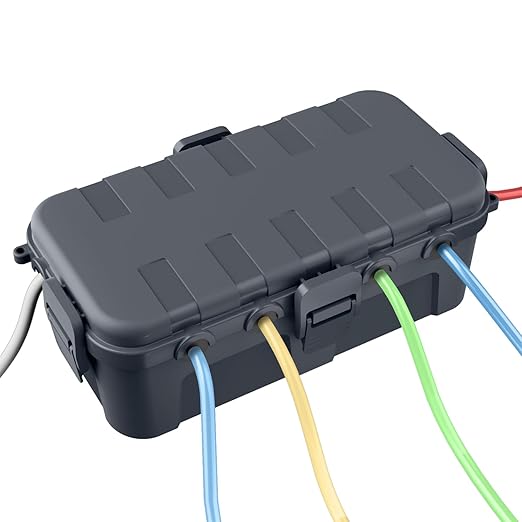 QUOBAS Outdoor Waterproof Electrical Box with 6 Cable Ports, IP54 Weatherproof Heavy-Duty Extension Cord Cover for Power Strips, Garden Power Tools, Holiday Lights, Gray