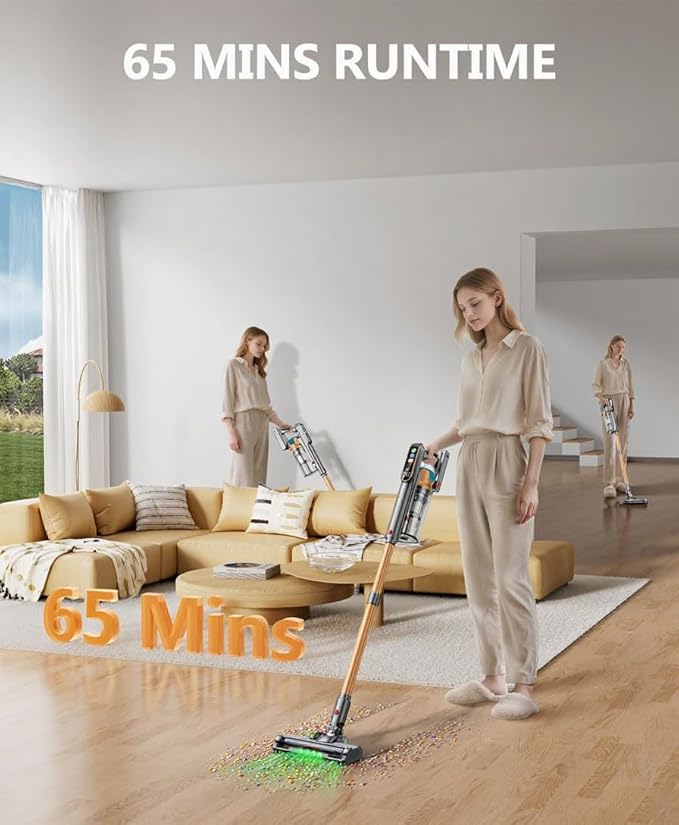 Cordless Vacuum Cleaner, 600W/50KPA/65Mins Vacuum Cleaners for Home, Super 1.8L Cup& Large LED Screen Stick Vacuum Anti-Tangle, Lightweight Cordless Vacuum with Charging Dock for Pet Hair/Carpet/Floor