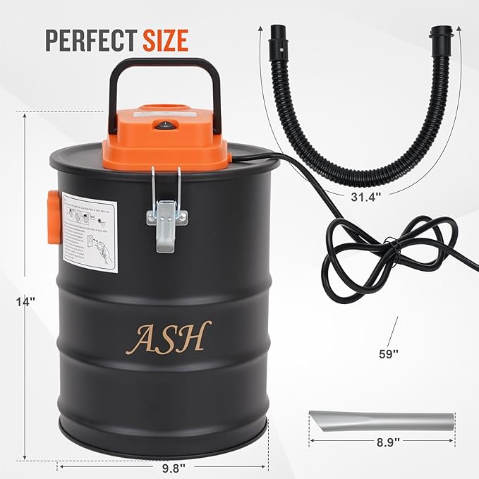 Ash Vacuum Cleaner -4 Gallon Fireplace Ash Vac with 800w Powerful Hose Non-Woven Dust Separator | Dry Stove Vacuum for Fireplaces Pellet Grill Wood Stove Fire Pits Orange