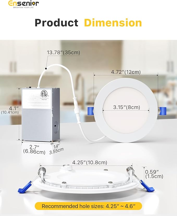 Ensenior 4 Pack 4 Inch LED Recessed Light, Dimmable, 3000K-5000K 3CCT, 750LM High Brightness, 9W 120V, Damp Rated, Ultra-Thin Canless Wafer Ceiling Light - ETL & FCC & IC
