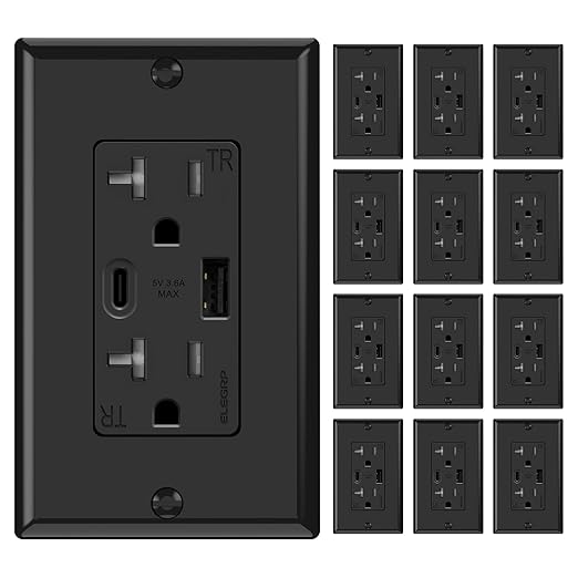 ELEGRP USB Wall Outlets 12 Pack, 20 Amp USB C Wall Outlets Receptacles, Outlets with USB A and USB C Ports, Tamper Resistant Receptacle, Wall Plate Included, UL Listed, Black