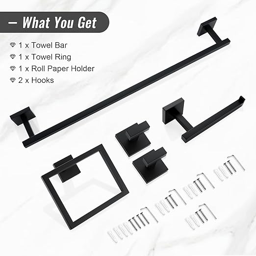 YACVCL Black Towel Bar Set 5-Piece Bathroom Hardware Accessories Set,SUS304 Stainless Steel Towel Rack Set,23.6 Inch Towel Bar,Toilet Paper Holder,Towel Ring and Towel Hooks,Wall Mounted