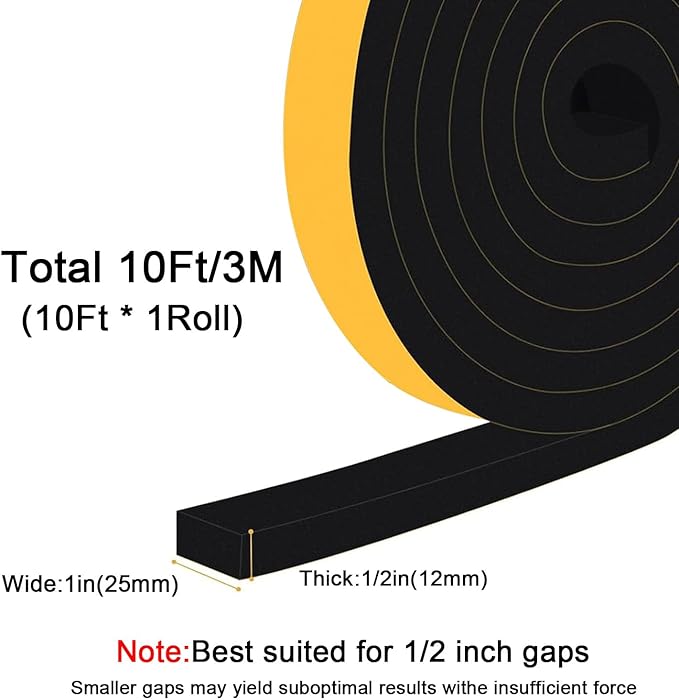 Upgraded Strong Adhesive Foam Weather Stripping Door Seal Insulation Tape for Insulating Door,Window, Air Conditioner Noise-Reduction Self Adhesive Sealing Weatherstrip (1 in x 1/2 in x 10 Ft)