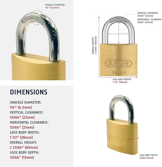 ABUS 55/40 Solid Brass Padlock with 2 Keys for School, Gym, Cabinet 1 1/2in (40mm) Wide (Keyed Alike, 2 Pack)