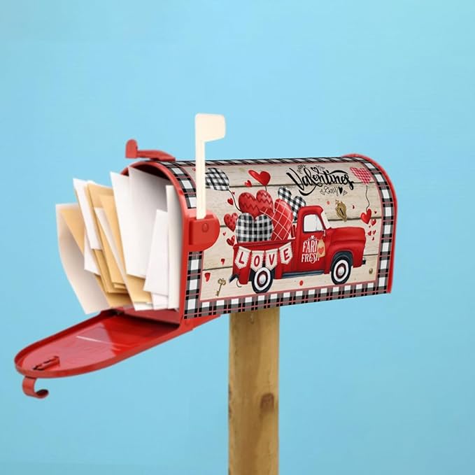 Valentines Day Mailbox Cover Magnetic Standard Size 25.5 x 21 Inch Love Hearts Red Truck Black White Buffalo Plaid Valentines Decoration Mailbox Cover Romantic Post Box Cover Wraps Garden Yard Decor