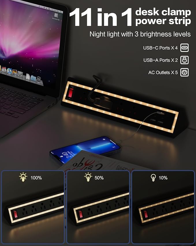 Desk Clamp Power Strip with Nightlight, 40W Fast Charging, 6FT Extension Cord, 4x20W USB-C & 2 USB Ports, 5 AC Outlets, Fits 1.69-Inch Table Edges