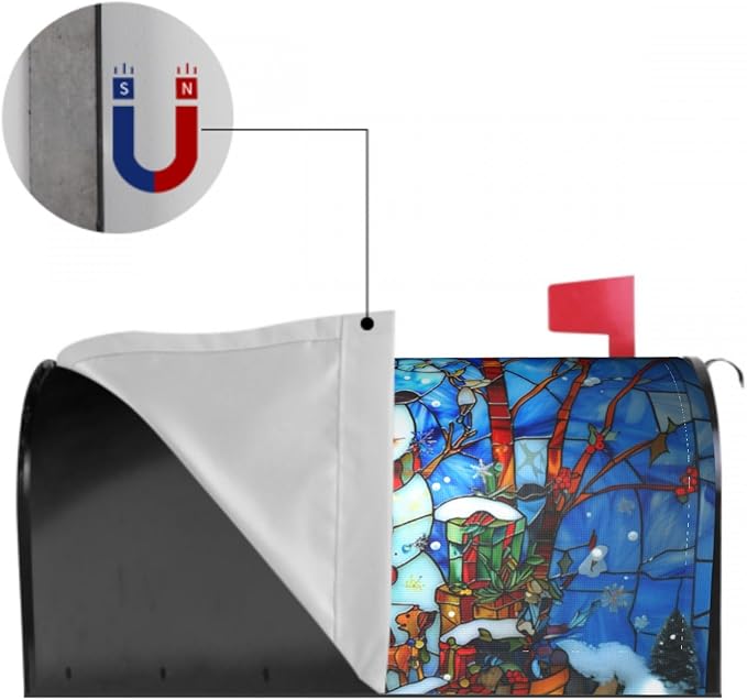 Winter Snowman Mailbox Cover - Christmas Stained Glass Holiday Wrap - Xmas Decorations Happy New Year - Magnetic Standard Size 18 x 21