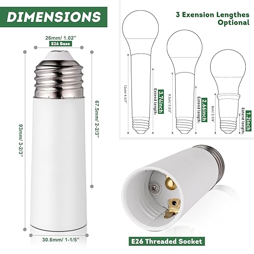Light Socket Extender,E26 to E26 Medium Screw Light Bulb Socket Extensions,Light Bulb Camera Extensions,Recessed Socket 2-2/3" Extension Adapter
