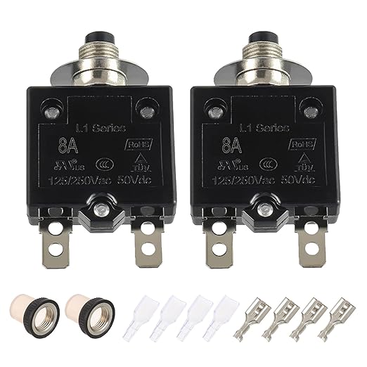 8A Manual Reset Push Button Circuit Breaker 125/250V AC 50V DC Thermal Overload Protector with Quick Connect Terminals and Waterproof Button Caps Assortment Kit(Pack of 2 pcs)